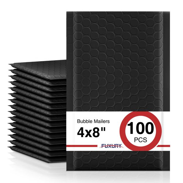 Fuxury Black Bubble Mailers 4x8" 100 Pack, Waterproof Padded Envelopes Self Seal Bubble Envelopes, Padded Mailers for Small Business, Envelope Mailers Usable Size 4x7"