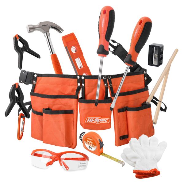 Hi-Spec 16pc Orange Kids Tool Set & Child Size Tool Belt With Real Metal Hand Tools for Building, Woodwork & Construction Learning