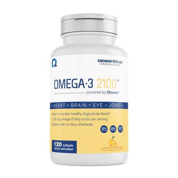 Oceanblue Omega-3 2100 – 120 ct – Triple Strength Burpless Fish Oil Supplement with High-Potency EPA, DHA, DPA – Wild-Caught – Orange Flavor (60 Servings) – New Packaging