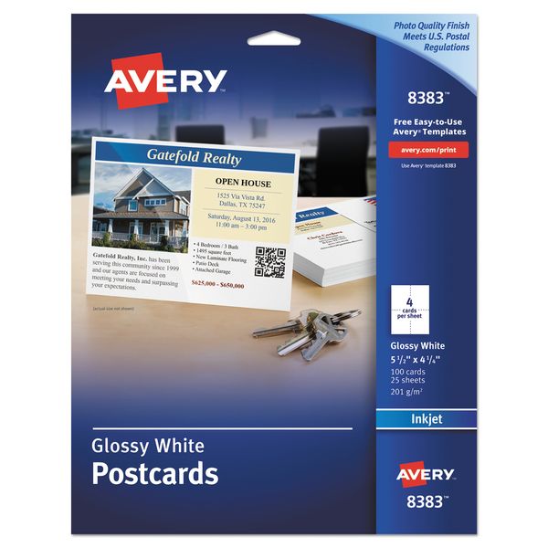 Avery 8383 Photo-Quality Glossy Postcards for Inkjet Printers, 4 1/4 x 5 1/2, White (Pack of 100)