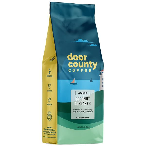 Door County Coffee, Coconut Cupcakes, Coconut and Cupcake Flavored Coffee, Medium Roast, Ground Coffee, 10 oz Bag