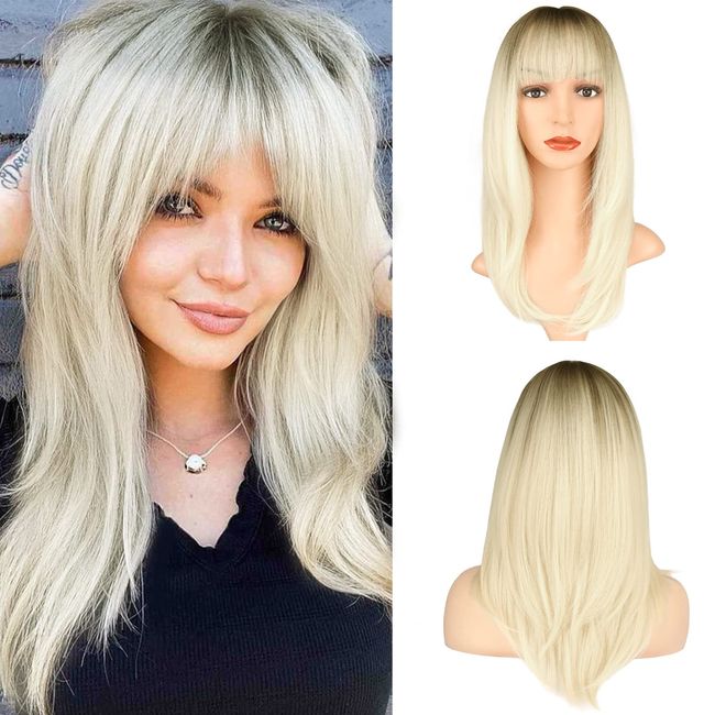 BARSDAR 20 inch Gerade Geschichtete Perücken mit Pony, Modische Hitzebeständige Synthetischen Perücken für Frauen und Mädchen Cosplay Wig with Bangs Party Täglicher Gebrauch Ombre Platin Blond