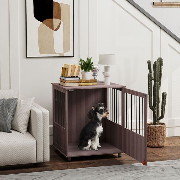 Dog Cage End Table for Small Dog, Stylish Pet Kennel w/ Magnetic Doors, Purple