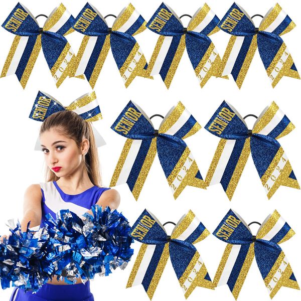 Yunlly 8 Pcs Graduation Senior Glitter Cheer Bow 7.08 Inch Class of 2024 Hair Cheerleading Bow with Ponytail Holder for Teen Girl Softball Team Complete Your Cheerleader Outfit Uniform(Blue Gold)