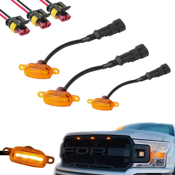 BASIKER Auto Front Grille Lights for 2004-2019 Ford F150 F250 F350 External LED Decoration | 3 Pack Amber Lens