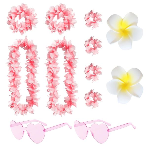 Carreuty 12 PCS Hawaiian Garlands Hawaiian Leis Party Decorations Flower Necklace Headbands and Bracelets Heart Sunglasses Hawaiian Beach Fancy Dress Luau Party Supplies for Kids Adults