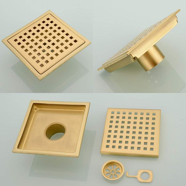 4 Inch Square Shower Drain With Removable Cover Grate, Brass Anti