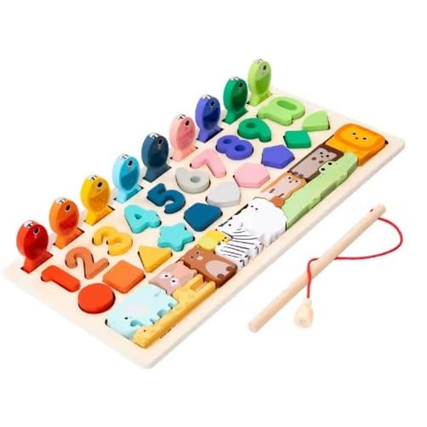 Generic Wooden Montessori Fishing Game and Shape Matching Puzzle Board, a Fine Motor Skills Educational Toy for Babies and Toddlers.