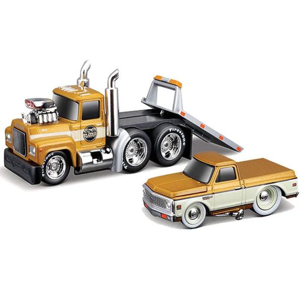 Muscle Machines 1980 A685ST Flatbed Truck Gold Metallic with Beige Stripes & 1972 Chevy C10 Pickup Truck Gold Metallic and Beige Muscle Transports Series 1/64 Diecast Models 11555GRN