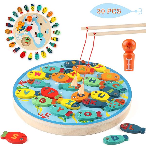 Jacootoys Fishing Game 30 PCS Wooden Magnetic Alphabet Letter Matching Toys for 3 4 5 Year Old Girls Boys Kids Toddlers with Magnet Poles