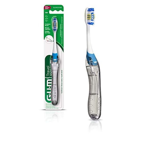 GUM Folding Travel Toothbrush - Compact Head + Tongue Cleaner - Soft Bristled Travel Toothbrushes for Adults (Pack of 6)