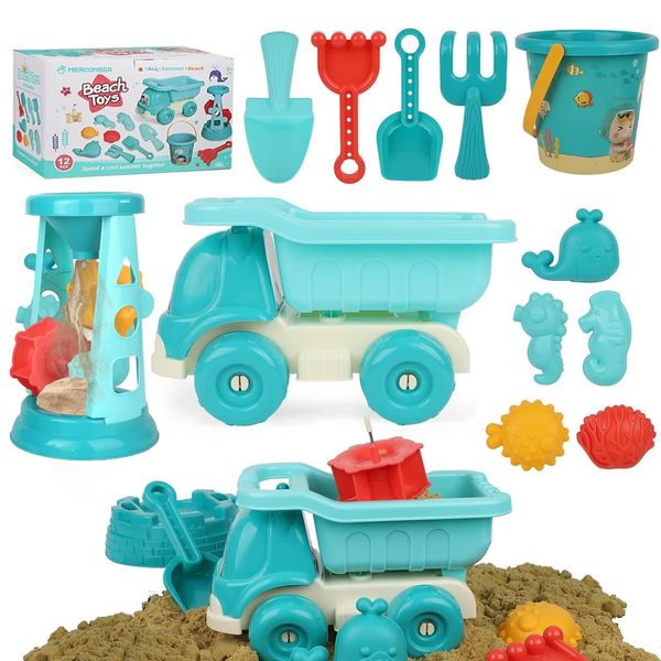 Hizmivos Beach Toys,12 Pcs Sand Toys Set with Truck,Beach Bucket,Sand Castle Toys Kit,Sandcastle Building Kit,Travel Toys for Kids Toddlers Boys Girls,Sandbox Toys for Toddlers 3-12