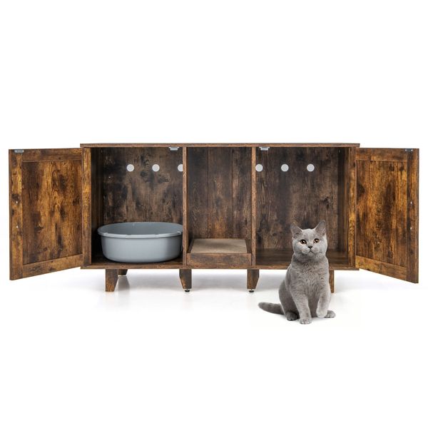 Cat Litter Box Enclosure Hidden Cat Washroom W/ 2 Doors Rustic Brown