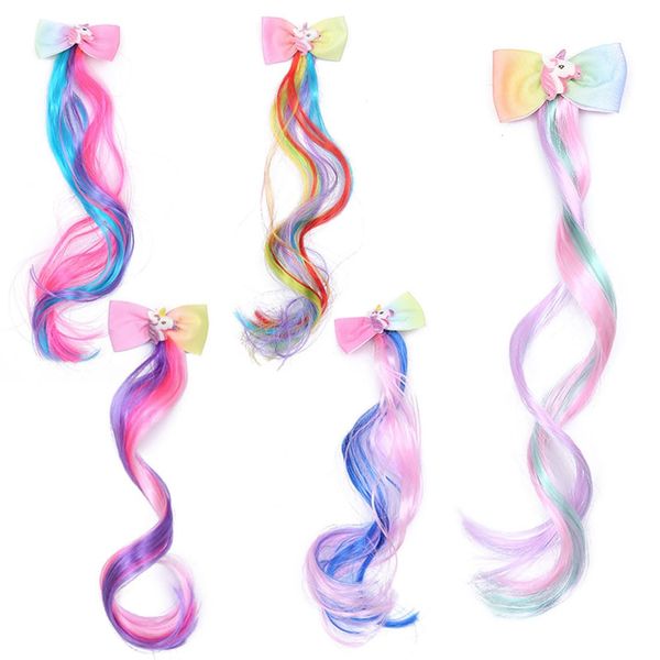 SSRDFU 5 Stück Locken Haarverlängerung Clips,Little World Haarsträhnen Kinder Bogen Prinzessin Haarspangen Mädchen Haarschmuck Bunte Haarsträhnen,Bunte Haarteile Synthese Party Ankleiden