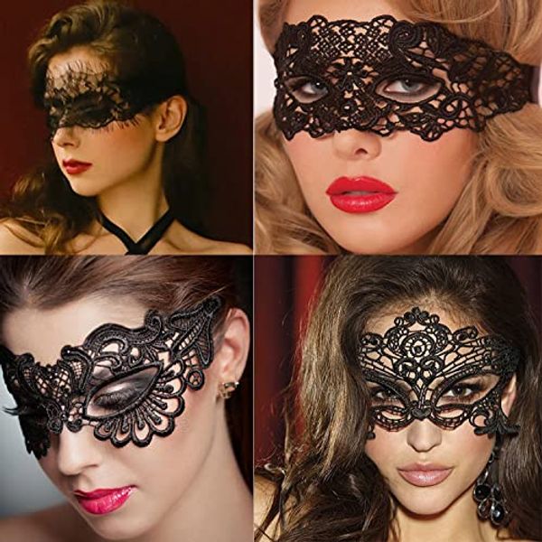 Dusenly 4pcs Black Lace Masquerade Mask Women Venetian Masks Lace Maskes for Party Evening Prom Ball Bachelorette Party Costumes Accessories