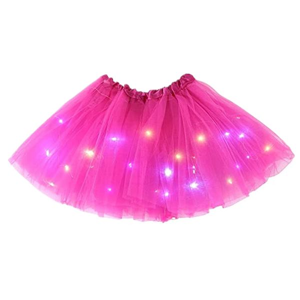 DUEYN Girl's Tutu Skirt with LED Light Layered Ballet Tutu Skirts Mesh Fluffy Princess Dancing Skirt 2-8 Years Old (Dark Pink)