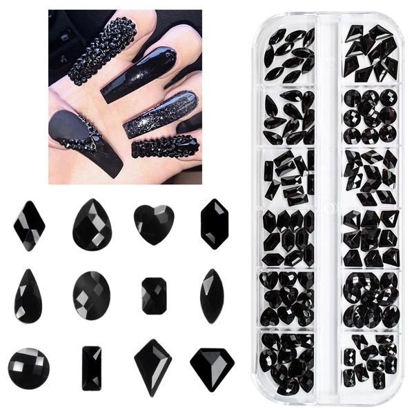 qiipii 120Pcs Black Rhinestones Nail Charms 12 Shapes Crystal Flatback Jet Black Big Gems Black K9 Glass Nail Stones Diamonds jewels Nail Art Supplies Nail Decor for Nails Face Eyes Makeup DIY Crafts