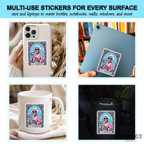 (3Pcs) The Grandmother Tarot Card Sticker 3'' Sarcastic Grandma Funny Mother's Day Gift Witchy Sassy Grandma Skeleton Vinyl Decal for Water Bottles Laptops Journals