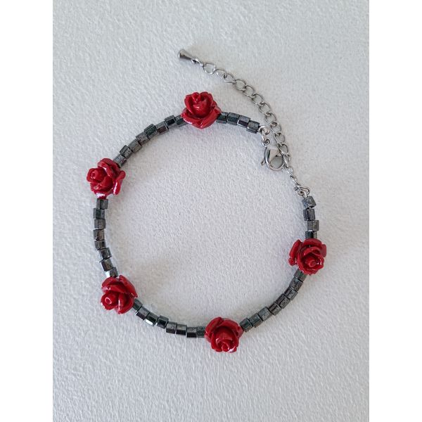 [Surgical Steel] Rose Object Black Bead Bracelet