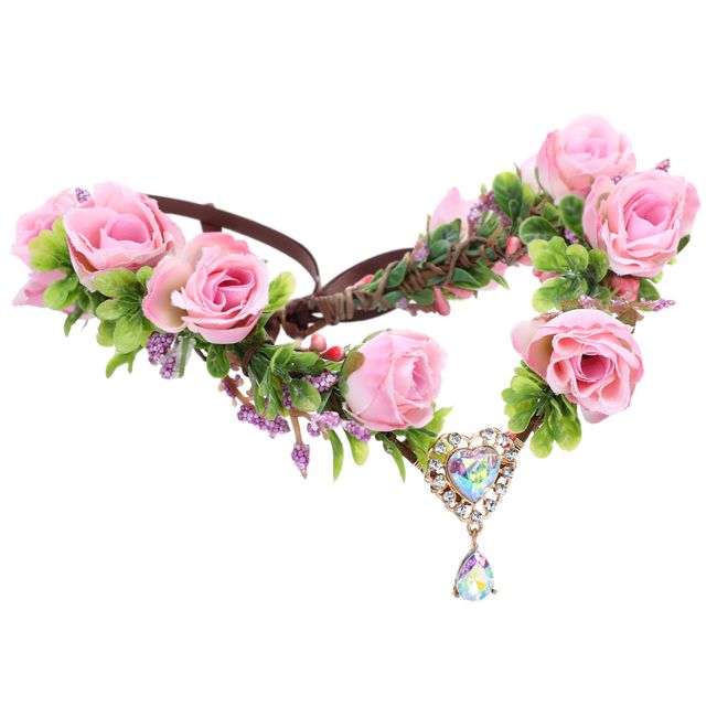 Pink Rose Flower Fairy Crown - Handmade Renaissance Elf Floral Headband with Heart Crystal Elven Leaf Headpiece Hair Wreath for Women Girls Wedding Cosplay Party Maternity Props Accessories