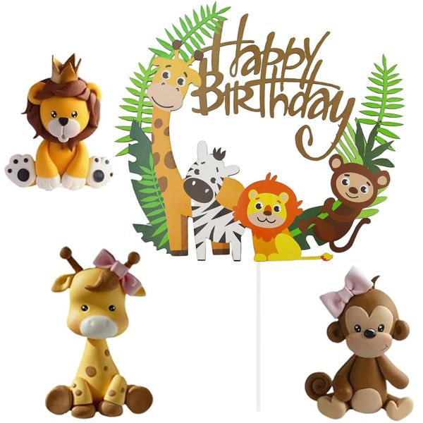 4Pcs Animal Birthday Cake Toppers Decorations, Jungle Animals Cake Decoration, Cupcake Decoration,Cake Topper Giraffe monkey Tiger Cake Jungle Animals for Birthday Party Decoration