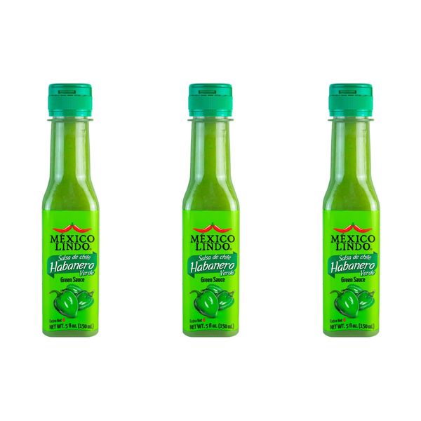 Mexico Lindo Green Habanero Hot Sauce | Real Green Habanero Chili Pepper | 75,900 Scoville Level | Enjoy with Mexican Food, Seafood & Pasta | 5 Fl Oz Bottle (Pack of 3)