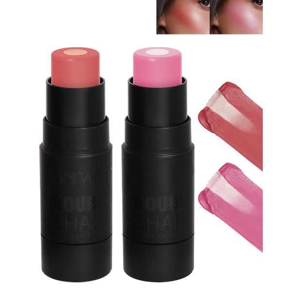 2Pcs Cream Blush Stick, 2-In-1 Versatile Rouge & Highlighter Stift Für Die Wangen, Bronzer Stick Creme Contouring Blush, Langanhaltend Wasserfest Natürlich Glow Finish Blusher Stick Frauen Make Up-5+6