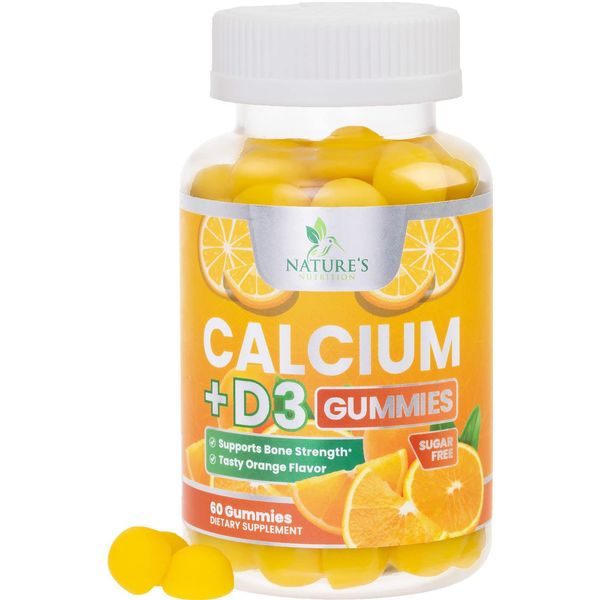 Sugar Free Calcium Gummy Plus 400 IU Vitamin D3, Immune System & Bone Health Support, Supports Bone Strength - Nature's Chewable Calcium Nutrition Supplement, Non-GMO, Orange Flavor - 60 Gummies