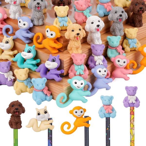 80 Pieces Cute Animal Eraser Dog Bear Monkey Squirrel Pencil Erasers Puzzle Eraser Toys Pencil Mini Erasers Novelty Top Erasers for Party Favors Classroom Rewards Prizes Carnival Gifts Mixed Color