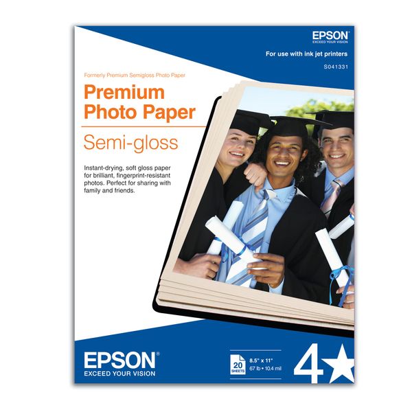 Epson Premium Photo Paper SEMI-GLOSS (8.5x11 Inches, 20 Sheets) (S041331) , White