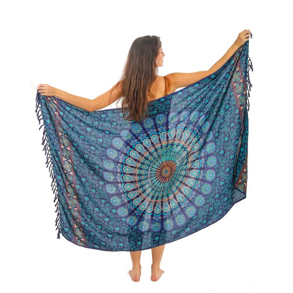 Mandala Life ART Blauer Damen Sarong Pareo Mit Fringe Hochwertiger Rayon Groß Strand Strandtuch Wickeltuch Wickelrock Strandrock Tapisserie Wickeltuch Bikini Cover Up Tuch Für Badeanzug