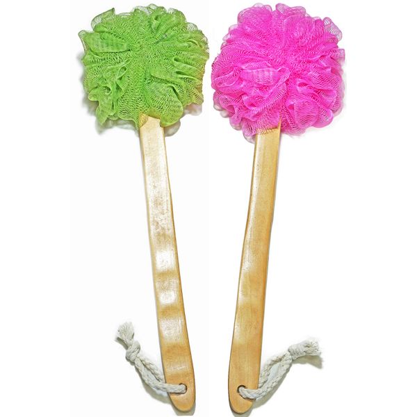 Shower Loofah Body & Back Scrubber - Exfoliating Loofah luffa loofa Bath Brush On a Stick - with Long Wooden Handle Back Brush for Men & Women - Easy Reach Body Wash & Lotion Applicator 2-Pack