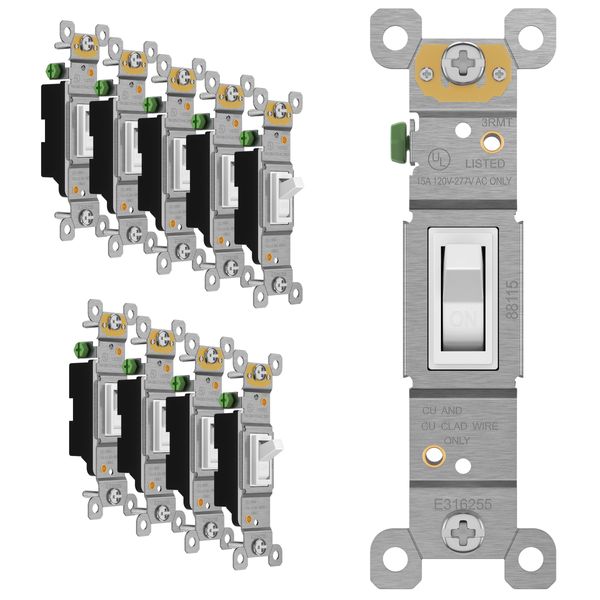 ENERLITES Toggle Light Switch, Single Pole, 15A 120-277V, Grounding Screw, Residential Grade, UL Listed, 88115-W-10PCS, White (10 Pack), 10 Count