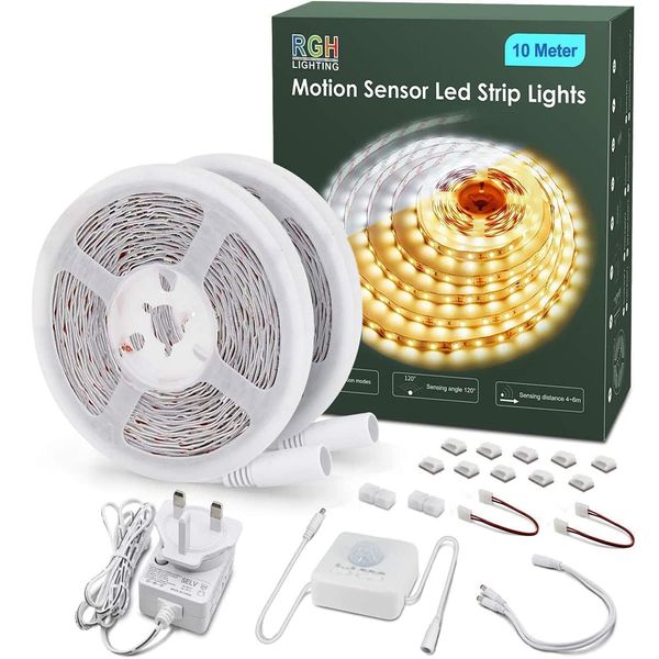 RGH LIGHTING Motion Sensor Led Strip Lights 10 Meters, White Led Light Strip Day or Night Motion Activated 2 Modes Led Tape Lights Full Kits for Cabinet Kitchen Living Room Bedroom Stair Decor