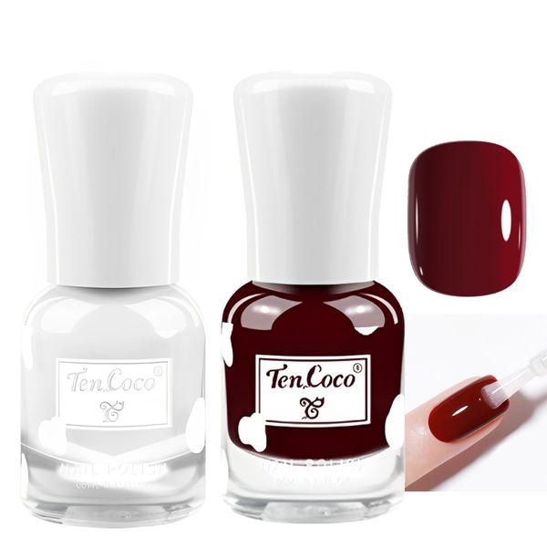 Gel Nail Polish, Quick Dry & Long Lasting Red Nail Varnish, Peel-Off Nail Polish, No Bake, Water-Based Nail Polish,Peel-Off and Removable, Natural and Non-Toxic (Wine Red +Shine Top Coat)