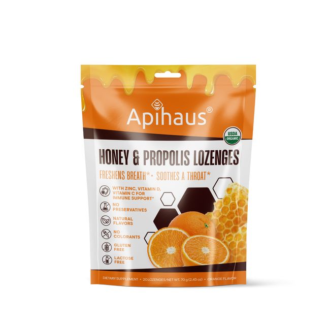 Honey and Propolis Organic Lozenges  by Apihaus 20 pcs Orange Flavor