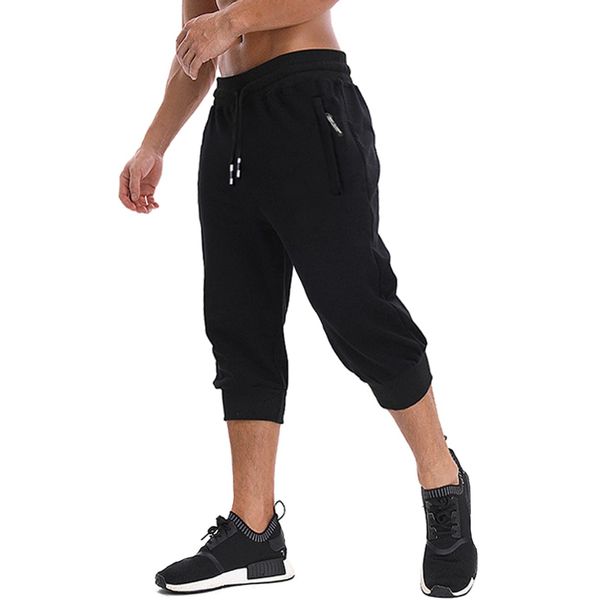 MAGNIVIT Men's 3/4 Jogger Capri Pants Workout Gym Below Knee Short Zipper Pockets 3/4 Pants Jogger Sweatpant Capris for Men Black