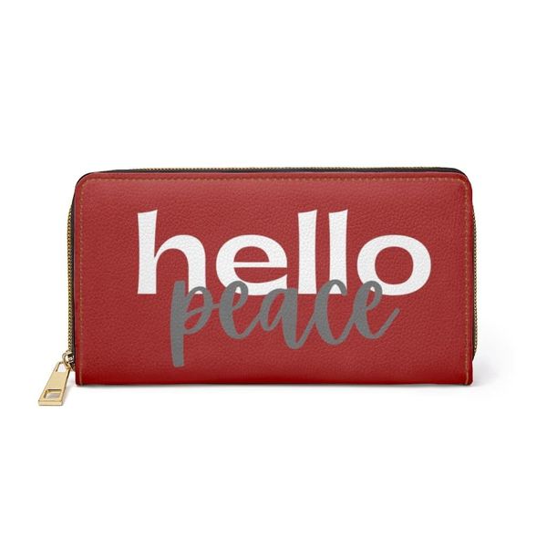 Womens Wallet, Zip Purse, Dark Red & White Hello Peace - One size