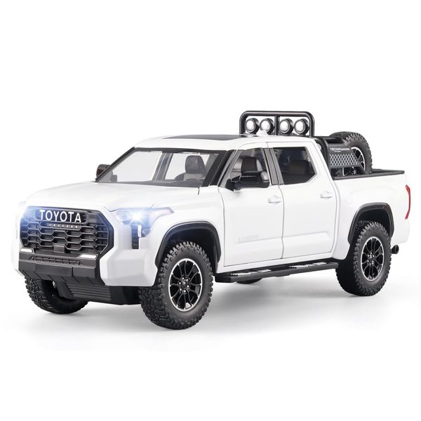 OANMYJJO Toy Trucks for Boys 1/24 Tundra Diecast Metal Model Toy Pickup Truck Pull Back Car Model with Light and Sound Toy Trucks for Boys Age 4-7(White)