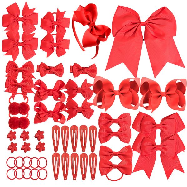 50PCS Red Hair Accessories Set - Grosgrain Ribbon Red Bows,Hair Clips,Hair Ties,Headbands, Uniform Hair Bows Accessories for Little Toddler Kids School Girls