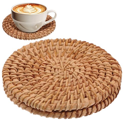 Guduling 2pcs Rattan Coasters,Handmade Braided Drink Coasters,Natural Wicker Boho Coaster Set,Heat-Resistant Drink Coaster for Coffee Table Housewarming Gifts Hot Drinking Home Decor Protecting Table