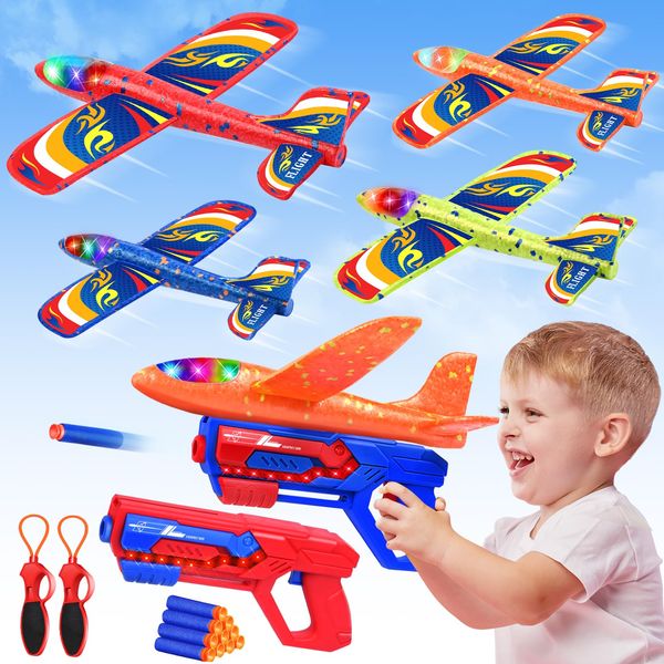 YEGEER Boy Toys, Flying Toys for 4 5 6 7 8 9 10 11 12 Years Old - Airplane Launcher Toys, LED Foam Glider Plane with 2 Flight Modes, Outdoor Toys Birthday for Age 4-8 8-13 Kids