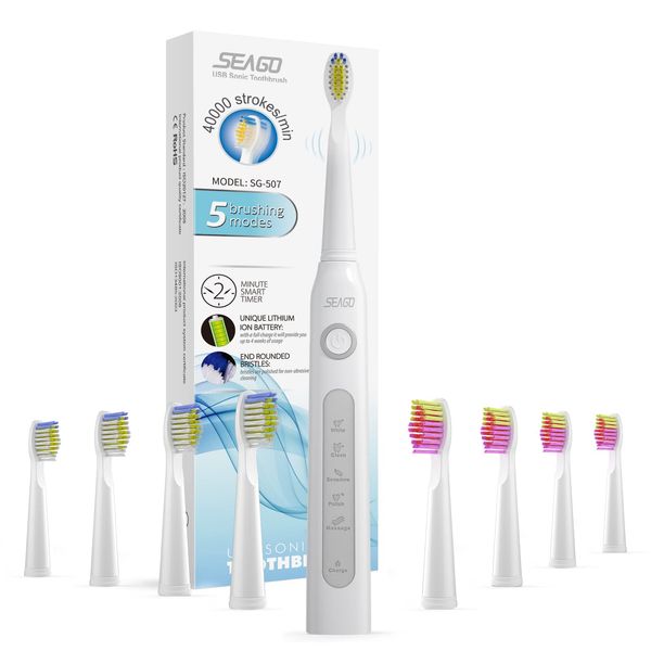 Seago Rechargeable Ultrasonic Toothbrush, Electric Toothbrushes Adults with 8 Dupont Brush Heads, Once Full Charge Lasts for 30 Days, Electric Toothbrush with Timer Gift for Family, White…