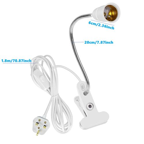 Wasserquelle Clip Desk Lamp Clip on Light Bulb Holder with Switch UK Plug E27 Bulb Holder Clip Flexible Light Base 360° Clip on Light Socket Screw Lamp Holder for Bedside Offices (20cm, White)