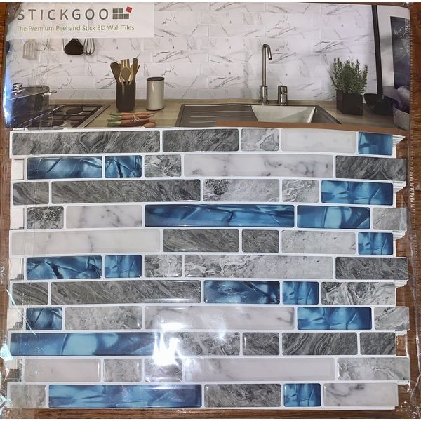 STICKGOO 3D Wall Tile Panels Peel & Stick ~ 10 Sheets Blues & Grays ~ NEW