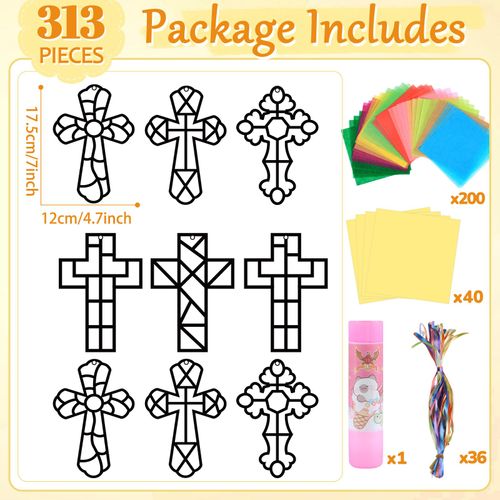 Qyeahkj 36PCS Religious Cross Suncatchers Kits Paper Craft Set Cross DIY Christian Stained Glass Effect Paper for Sunday School Art Christmas Decor Crafts Creative Art Projects Kids Party Favors Gift