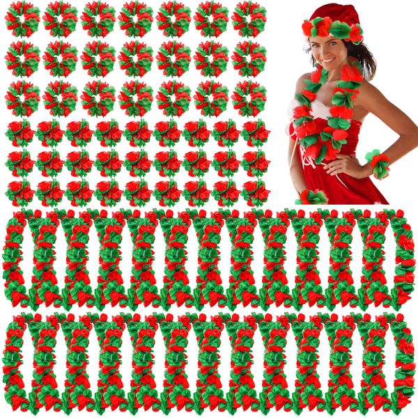 Tlswshsy 96 Pcs Christmas Hawaiian Leis Set, Red and Green Hawaiian Flower Necklace with Headband and Bracelets, Tropical Hawaiian Luau Leis for Cosplay Beach Themed Party Decorations and Supplies