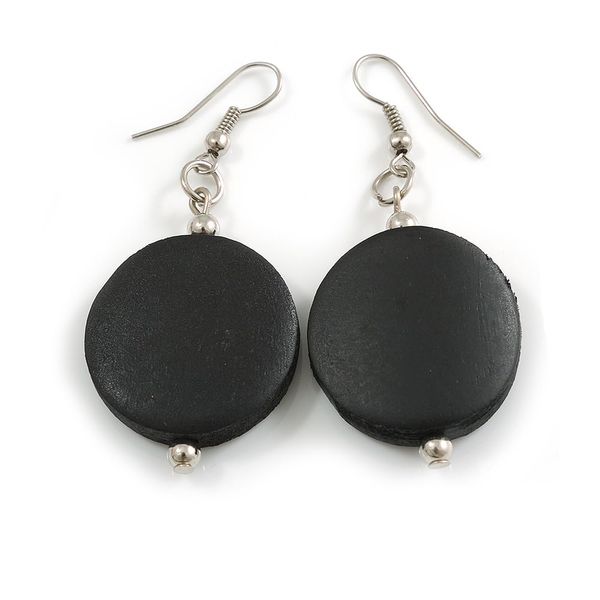 Lightweight Black Wood Coin Drop Earrings/55mm Long