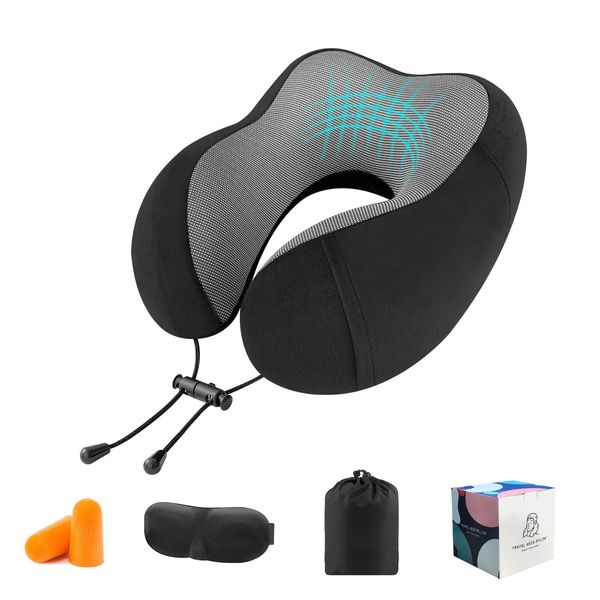 CNMTCCO Travel Pillow - Comfortable Neck Pillow for Travel, Memory Foam Neck Pillow Head Support Soft Pillow for Sleeping Rest Airplane Car & Home Use, with Ear Plugs, Eye Mask & Carry Bag (Black)