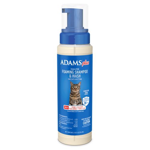 Adams Plus Flea & Tick Foaming Shampoo & Wash for Cats & Kittens Over 12 Weeks ; Sensitive Skin Flea Treatment for Cats and Kittens ; Kills Adult Fleas, Ticks, and Lice On Contact ; 10 Oz